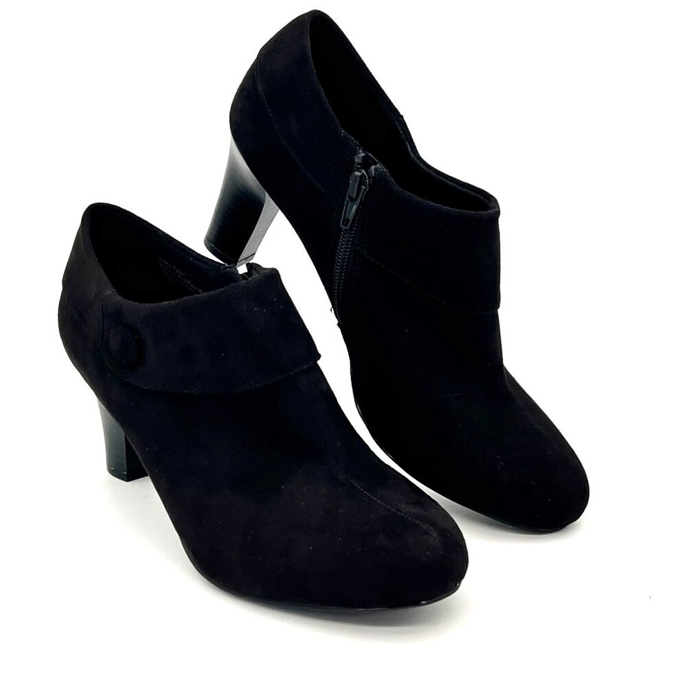 Amelia Grace Womens Ankle Booties Black Faux Suede Heeled Side Zipper Size 9.5